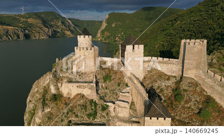 Golubac medieval fortress on cliff Danube river Golubac medieval fortress on cliff Danube river 140669245