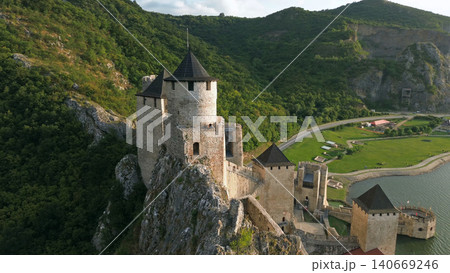Golubac medieval fortress on cliff Danube river Golubac medieval fortress on cliff Danube river 140669246