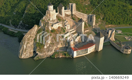 Golubac medieval fortress on cliff Danube river Golubac medieval fortress on cliff Danube river 140669249
