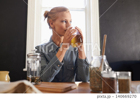 Morning, herbal tea and woman in kitchen relaxing at home with happy ideas and excited for future. Healthy, calm mindset and girl with drink on holiday, vacation or wellness in apartment mockup Morning, herbal tea and woman in kitchen relaxing at home with happy ideas and excited for future. Healthy, calm mindset and girl with drink on holiday, vacation or wellness in apartment mockup 140669270