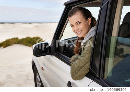 Portrait, woman or car window on desert, road trip or getaway for travel and adventure in Namibia. Smile, female person or traveler on fun driving holiday in motor transport as journey of leisure Portrait, woman or car window on desert, road trip or getaway for travel and adventure in Namibia. Smile, female person or traveler on fun driving holiday in motor transport as journey of leisure 140669303