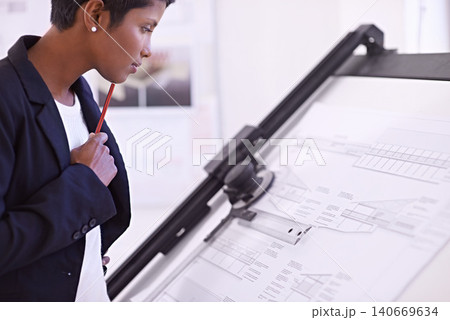Floor plan, civil engineering or woman thinking of drawing for development project or planning on paper. Measure, architecture or female designer with ideas for sketching blueprint of office building 140669634