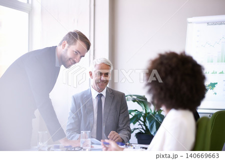 Team, idea and man smile with boss in office for meeting with plan from employee for growth of business. Corporate, CEO and male person happy with girl, staff and worker in professional workplace Team, idea and man smile with boss in office for meeting with plan from employee for growth of business. Corporate, CEO and male person happy with girl, staff and worker in professional workplace 140669663