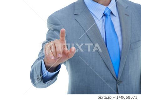 Businessman, hands and pointing with touch for UI, UX or interaction on a white studio background. Closeup of man or male person with finger on invisible interface or selection with mockup space Businessman, hands and pointing with touch for UI, UX or interaction on a white studio background. Closeup of man or male person with finger on invisible interface or selection with mockup space 140669673