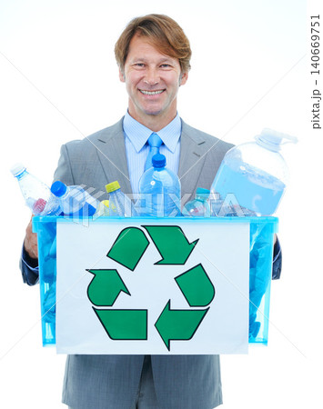 Happy businessman, portrait and box with recycle plastic for eco friendly environment on a white studio background. Man or employee with bucket of trash, garbage or bottles for pollution or earth day Happy businessman, portrait and box with recycle plastic for eco friendly environment on a white studio background. Man or employee with bucket of trash, garbage or bottles for pollution or earth day 140669751