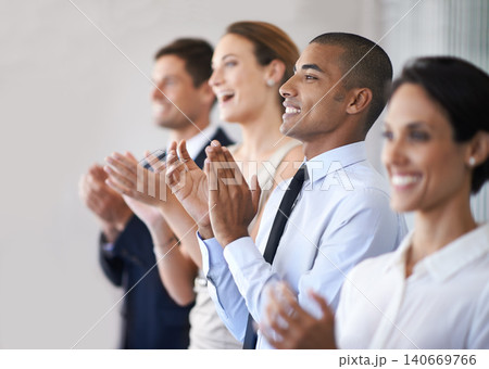 Diversity, employees and clapping in office, professional celebration or presentation. Success, stand for applause for corporate businesspeople, team victory for winning or good news and achievement Diversity, employees and clapping in office, professional celebration or presentation. Success, stand for applause for corporate businesspeople, team victory for winning or good news and achievement 140669766