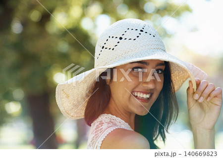 Woman, portrait and travel to park or garden, smiling and joyful on summer holiday in nature. Female person, peace and enjoy vacation in countryside, outdoors and calm or hat on weekend adventure Woman, portrait and travel to park or garden, smiling and joyful on summer holiday in nature. Female person, peace and enjoy vacation in countryside, outdoors and calm or hat on weekend adventure 140669823