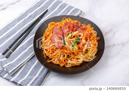 chinese Sausage Fried Noodles - Cantonese Style Stir Fry chinese Sausage Fried Noodles - Cantonese Style Stir Fry 140669850