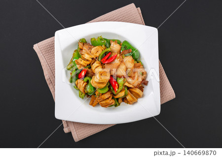 stir-Fried Wheat Gluten with Pork Belly and Green Peppers, Authentic Chinese Dish stir-Fried Wheat Gluten with Pork Belly and Green Peppers, Authentic Chinese Dish 140669870