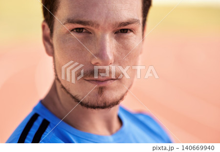 Portrait, man or fitness as workout, exercise or training in running, marathon or goal as cardio. Athlete, runner or track on health, wellness or challenge to strength performance in sport arena Portrait, man or fitness as workout, exercise or training in running, marathon or goal as cardio. Athlete, runner or track on health, wellness or challenge to strength performance in sport arena 140669940
