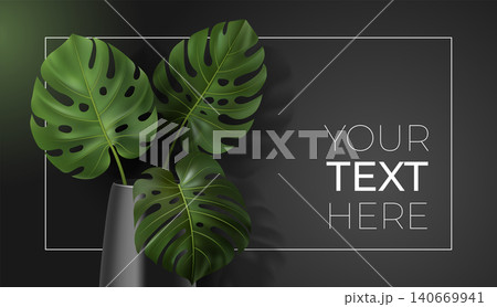 Vector poster with green tropical leaves monstera in vase on dark background. Botanical illustration with copy space for your text in frame for interior, home decor, poster, banner, card, ad, design Vector poster with green tropical leaves monstera in vase on dark background. Botanical illustration with copy space for your text in frame for interior, home decor, poster, banner, card, ad, design 140669941