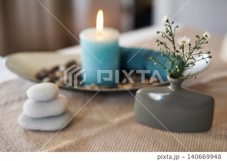 Spa, aromatherapy and candles with plants, rocks for zen, calm and peace to relax for health or natural healing. Incense, wellness or stones for wellbeing, holistic massage or hospitality background Spa, aromatherapy and candles with plants, rocks for zen, calm and peace to relax for health or natural healing. Incense, wellness or stones for wellbeing, holistic massage or hospitality background 140669948