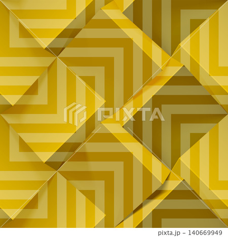 Golden seamless geometric pattern. Realistic 3d cubes with strips. Vector template for wallpapers, textile, fabric, wrapping paper, backgrounds. Abstract texture with volume extrude effect. 140669949