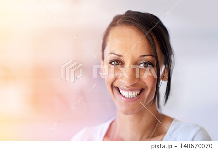Woman, portrait and smile for small business, entrepreneur and proud of startup company. Female person, blurred background and happy on mockup space, designer and confident for career opportunity 140670070