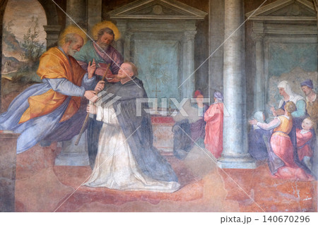 The apostles Peter and Paul appear to St. Dominic, fresco by Santi di Tito in the cloister of Santa Maria Novella Principal Dominican church in Florence, Italy The apostles Peter and Paul appear to St. Dominic, fresco by Santi di Tito in the cloister of Santa Maria Novella Principal Dominican church in Florence, Italy 140670296