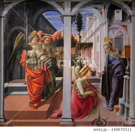Annunciation to the Virgin Mary, work by Fra Filippo Lippi in the Basilica di San Lorenzo in Florence, Italy Annunciation to the Virgin Mary, work by Fra Filippo Lippi in the Basilica di San Lorenzo in Florence, Italy 140670311