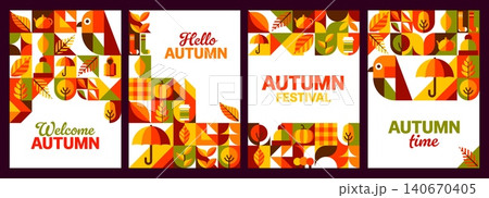Autumn falling season posters with warm mosaic geometric ornament patterns. Fall greeting cards with orange and yellow umbrellas, teapots and forest silhouettes for thanksgiving marketing campaigns Autumn falling season posters with warm mosaic geometric ornament patterns. Fall greeting cards with orange and yellow umbrellas, teapots and forest silhouettes for thanksgiving marketing campaigns 140670405
