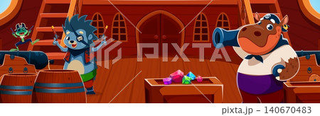 Cartoon animal pirates on wooden ship deck. Funny hippo with cannon, dancing frog and hedgehog with pistols. Cartoon scene with animals, barrels and box with gemstones for kids book illustrations Cartoon animal pirates on wooden ship deck. Funny hippo with cannon, dancing frog and hedgehog with pistols. Cartoon scene with animals, barrels and box with gemstones for kids book illustrations 140670483