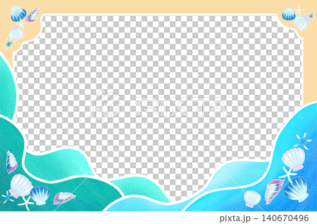 夏季藍色大海和沙灘的插圖邊框（橫向） 140670496