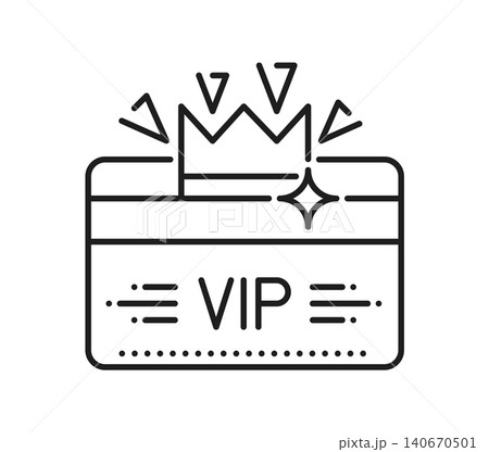 VIP loyalty card icon with crown and sparkle. Black line pictogram symbol of exclusive member reward coupon and prize benefits, conveying Loyalty program, prestige access, premium status for customers 140670501