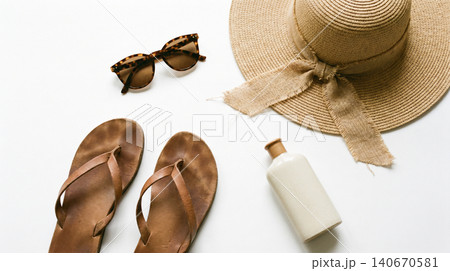 Summer vacation beach accessories set with straw hat flip flops and sunscreen vacation accessories sunglasses protection skincare tropical sunscreen lifestyle seasonal background minimalist Summer vacation beach accessories set with straw hat flip flops and sunscreen vacation accessories sunglasses protection skincare tropical sunscreen lifestyle seasonal background minimalist 140670581