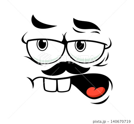 Angry grumbling face expression with displeased emotion for cartoon emoji. Annoyed face with moustaches, scolding growling emotion or grunting expression and discontent, disgruntled berating look 140670719