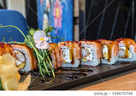 Premium Salmon Sushi Roll Served In Restaurant 140670798