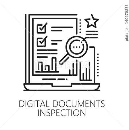 Digital document inspection line icon or label. Product standards control pictogram, quality inspection vector sign. Regulatory approval icon or symbol with business document on laptop screen Digital document inspection line icon or label. Product standards control pictogram, quality inspection vector sign. Regulatory approval icon or symbol with business document on laptop screen 140670888