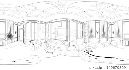 spherical panorama of the interior, contour visualization, 3D illustration, sketch, outline 140670899