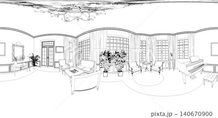 spherical panorama of the interior, contour visualization, 3D illustration, sketch, outline 140670900