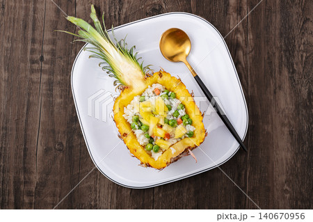thai Pineapple Fried Rice Served in Pineapple Shell with Shrimps 140670956