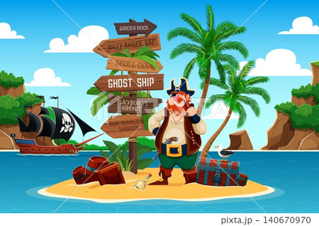 Cartoon pirate captain on treasure island with wood sign board post and palms. Happy red bearded pirate character with captain hat, eye patch and smoking pipe, treasure map in bottle and sail ship Cartoon pirate captain on treasure island with wood sign board post and palms. Happy red bearded pirate character with captain hat, eye patch and smoking pipe, treasure map in bottle and sail ship 140670970