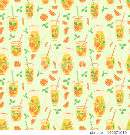 Orange juice vector seamless pattern. Pitcher and glasses of citrus lemonade, orange slices, mint and striped straws on light green background. Summer beverage repeat tile. Refreshing drinks design Orange juice vector seamless pattern. Pitcher and glasses of citrus lemonade, orange slices, mint and striped straws on light green background. Summer beverage repeat tile. Refreshing drinks design 140671010