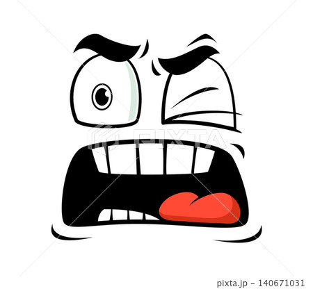 Angry face with twitching eye and yelling or shouting with wrath emotion or anger expression. Cartoon face emoji with grumpy irate expression of threatening look for furious or enraged mood emoticon Angry face with twitching eye and yelling or shouting with wrath emotion or anger expression. Cartoon face emoji with grumpy irate expression of threatening look for furious or enraged mood emoticon 140671031