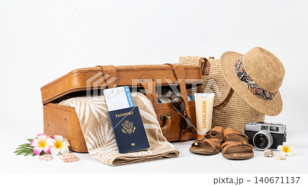 Vintage suitcase and international travel essentials for summer holiday with suitcase passport boarding vacation adventure international tropical essentials accessories lifestyle recreation 140671137
