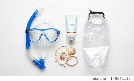 Snorkeling gear with diving mask snorkel sunscreen and waterproof bag snorkeling sunscreen seashells underwater vacation equipment protection lifestyle swimming adventure activity tropical 140671153