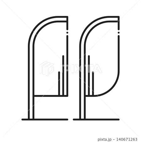 Trade show flag banner stand display line icon or sign. Retail presentation lineart pictogram, outdoor stand display thin line vector symbol. Exhibition promo flag banners linear sign or icon 140671263