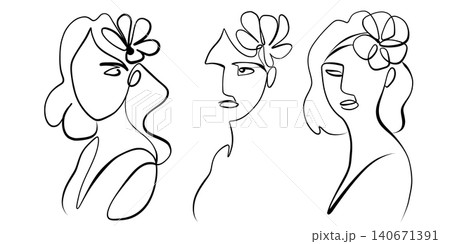 A set of abstract girls with flowers, drawn in single lines. Minimalistic A set of abstract girls with flowers, drawn in single lines. Minimalistic 140671391