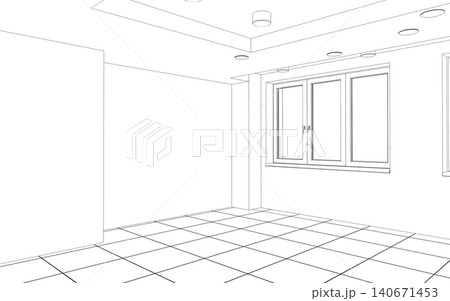empty room, contour visualization, 3D illustration, sketch, outline empty room, contour visualization, 3D illustration, sketch, outline 140671453