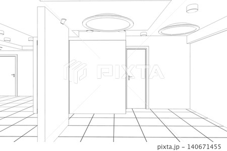 empty room, contour visualization, 3D illustration, sketch, outline empty room, contour visualization, 3D illustration, sketch, outline 140671455