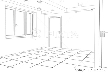 empty room, contour visualization, 3D illustration, sketch, outline 140671457