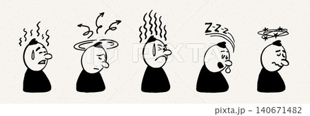 Comic character emotion set with doodle faces and motion effects showing anxiety, dizziness, and sleep in a simple hand drawn style. Comic character expressions with line effects Comic character emotion set with doodle faces and motion effects showing anxiety, dizziness, and sleep in a simple hand drawn style. Comic character expressions with line effects 140671482