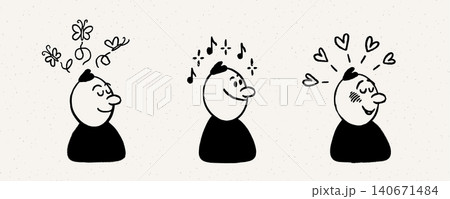 Comic character, calm expression set with simple faces and doodle symbols showing moods like calm, happy, and love in a hand drawn style. Comic character expressions with light motion effects. 140671484