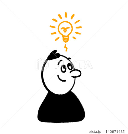 Comic character with idea expression shown by glowing light bulb above the head in a simple doodle style with bold black lines and orange accent. Idea concept illustration. 140671485