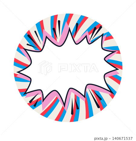 Circle sticker comic cloud with green starburst frame and radial rays in orange, pink and yellow tones. Comic sticker with bold outline and small star accents. Suitable for sale labels, promo posters 140671537