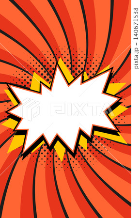 Comic starburst banner with copy space frame over vivid red and orange spiral background with halftone dots. Dynamic retro vector background for sale ads, promo flyers, discount posters 140671538