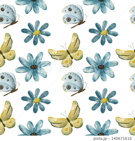 Watercolor Blue Flowers and Butterflies Seamless Pattern, Whimsical Botanical Digital Paper Watercolor Blue Flowers and Butterflies Seamless Pattern, Whimsical Botanical Digital Paper 140671618
