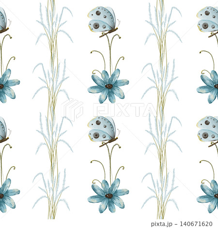 Watercolor Blue Flowers and Butterflies Seamless Pattern, Whimsical Botanical Digital Paper Watercolor Blue Flowers and Butterflies Seamless Pattern, Whimsical Botanical Digital Paper 140671620