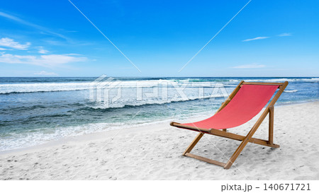 A peaceful view of a red deckchair on white sand facing the ocean under a clear blue sky. Perfect representation of summer vacation and relaxation A peaceful view of a red deckchair on white sand facing the ocean under a clear blue sky. Perfect representation of summer vacation and relaxation 140671721