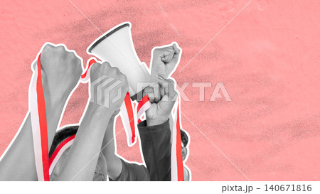 Minimalist collage art showing hands raised in protest with a megaphone and red and white ribbons on a textured pink background. Hari Kemerdekaan Dirgahayu Indonesia 140671816